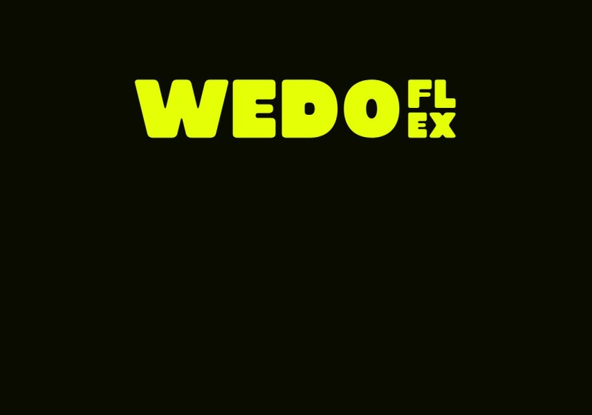 Logo van WEDO Flex in geel op een donkere achtergrond